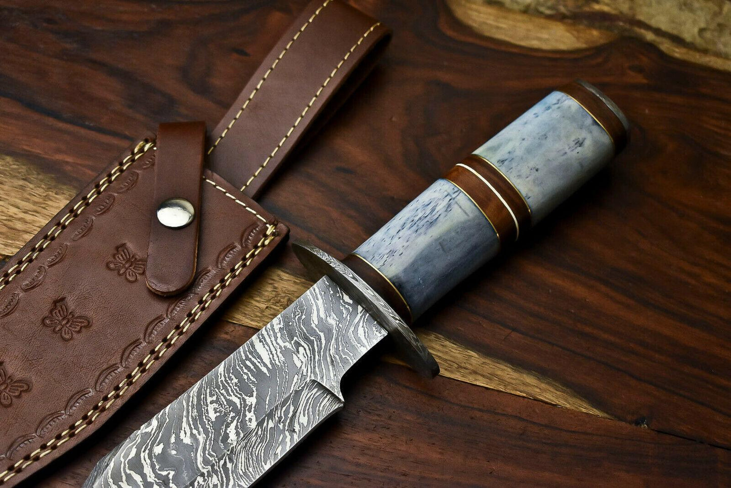 Handmade Damascus Steel Bowie Hunting Knife with Camel Bone Handle