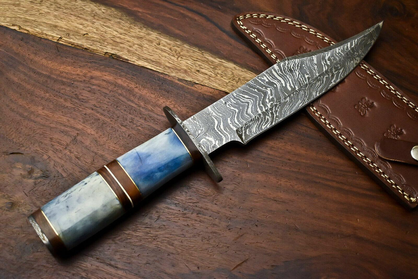 Handmade Damascus Steel Bowie Hunting Knife with Camel Bone Handle