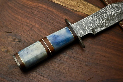 Handmade Damascus Steel Bowie Hunting Knife with Camel Bone Handle