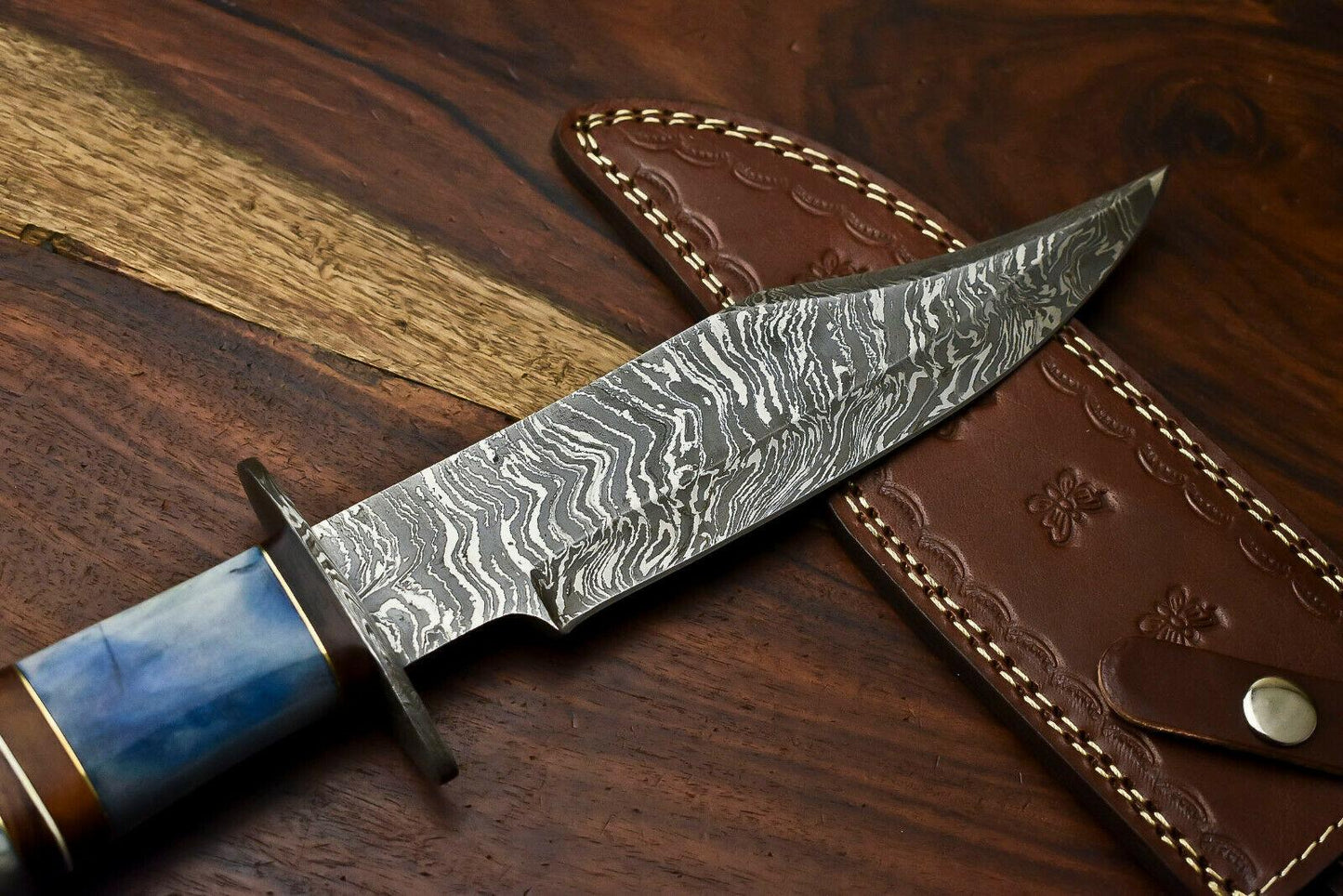Handmade Damascus Steel Bowie Hunting Knife with Camel Bone Handle