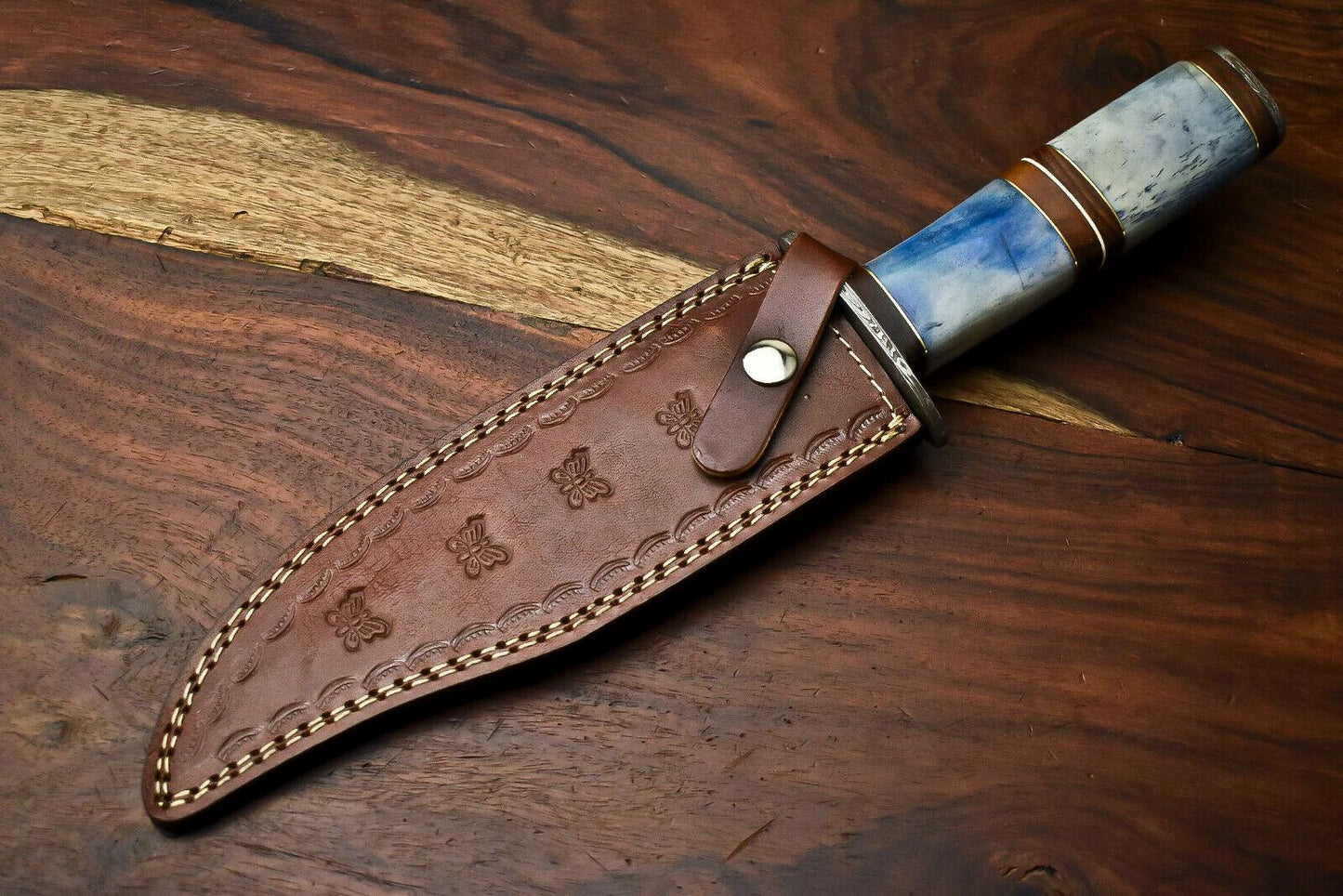 Handmade Damascus Steel Bowie Hunting Knife with Camel Bone Handle