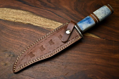 Handmade Damascus Steel Bowie Hunting Knife with Camel Bone Handle