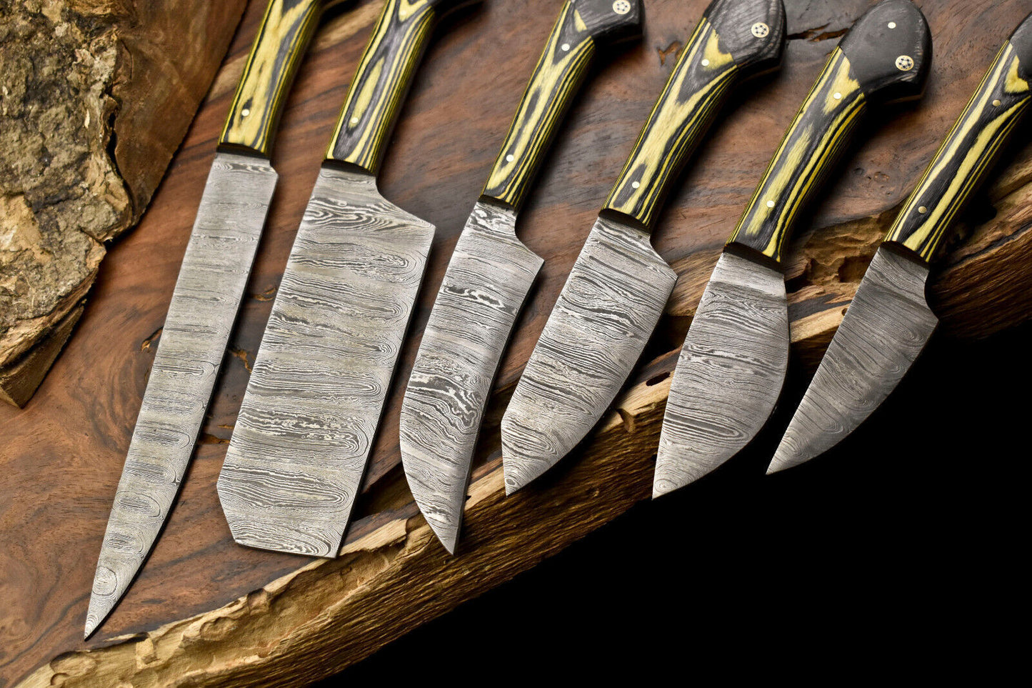 Lot of 6 Handmade Damascus Steel Chef Knives – Full Tang, Forged Kitchen Knife Set