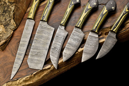 Lot of 6 Handmade Damascus Steel Chef Knives – Full Tang, Forged Kitchen Knife Set