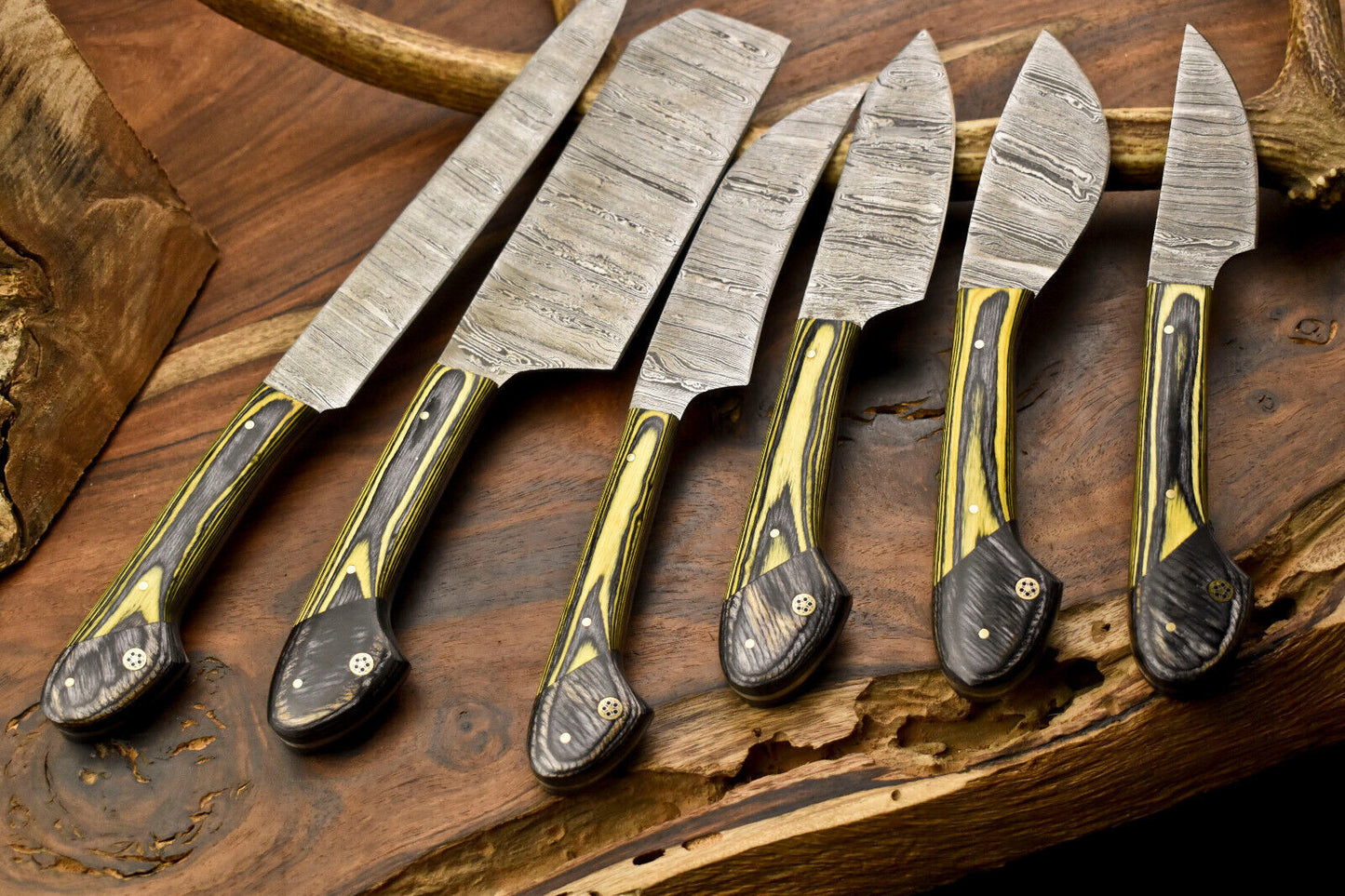 Lot of 6 Handmade Damascus Steel Chef Knives – Full Tang, Forged Kitchen Knife Set