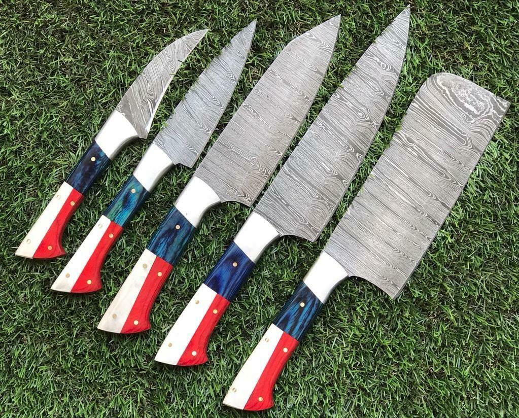 Custom Handmade Twist Damascus Steel Chef Knife Set with Pakkawood Handle