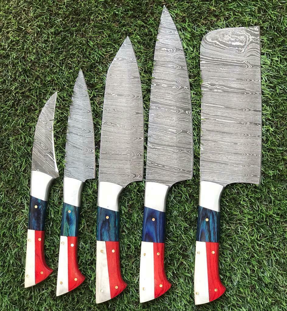 Custom Handmade Twist Damascus Steel Chef Knife Set with Pakkawood Handle