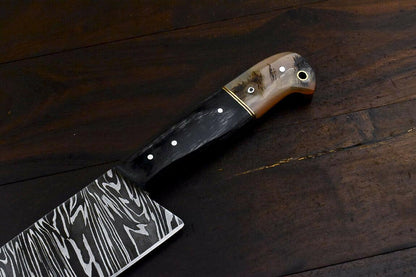 Handmade Damascus Steel Hunting Chef Knife 13" | 8" Blade, Ram’s Horn Handle, Full Tang, Custom Forged