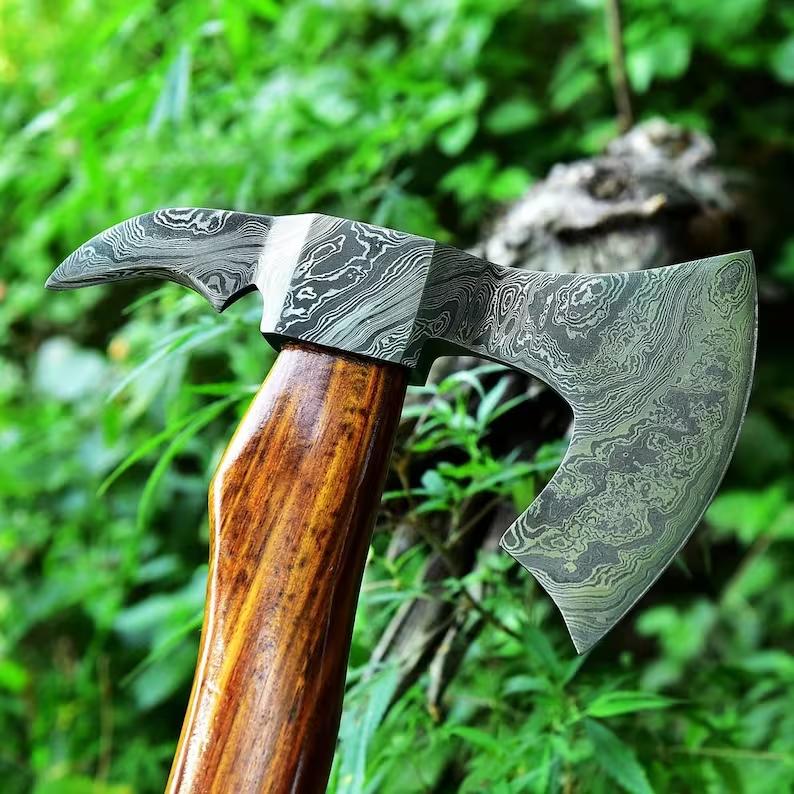 Custom Handmade Damascus Steel Tomahawk Axe | Rosewood Handle Hunting & Camping Hatchet – Forged Damascus Battle Axe for Sale
