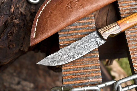 Rain Drop Damascus Skinner Knife with Hardwood Handle and Wooden Bolster – Tactical Hunting Blade