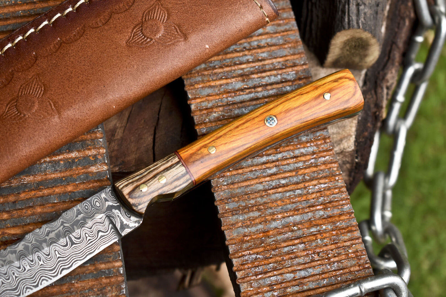 Rain Drop Damascus Skinner Knife with Hardwood Handle and Wooden Bolster – Tactical Hunting Blade