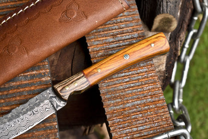 Rain Drop Damascus Skinner Knife with Hardwood Handle and Wooden Bolster – Tactical Hunting Blade