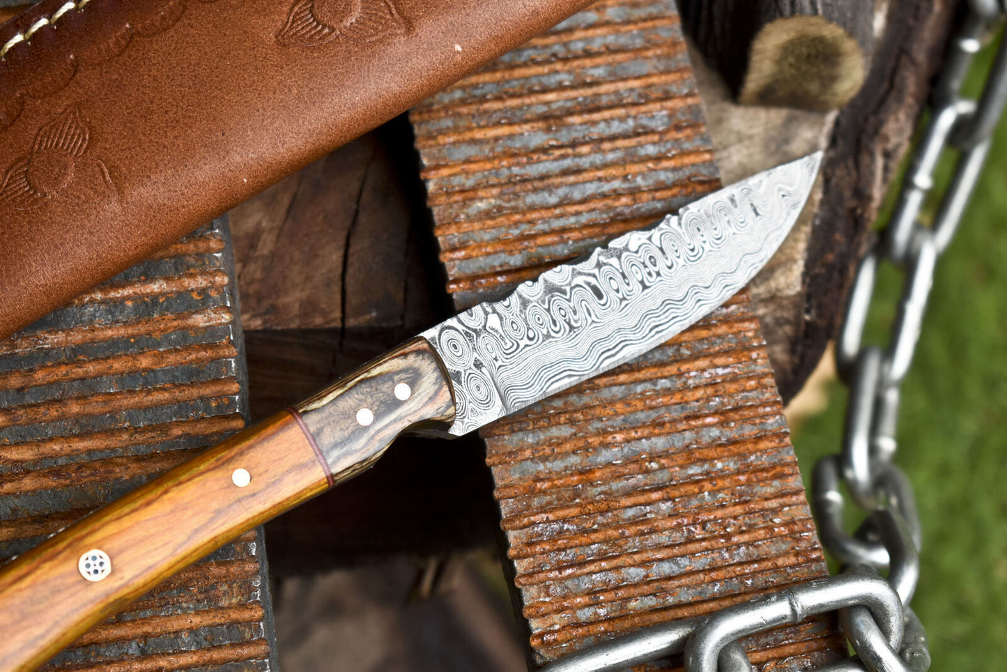 Rain Drop Damascus Skinner Knife with Hardwood Handle and Wooden Bolster – Tactical Hunting Blade