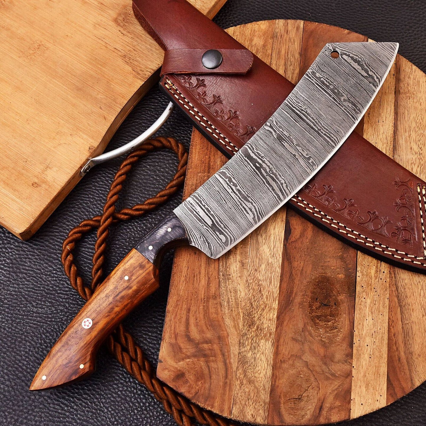 Custom Handmade Damascus Steel Cleaver Chef Knife with Rose Wood Handle