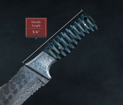 Damascus Steel Tracker Bowie Knife – 10” Handmade Fixed Blade with Black Bone Handle