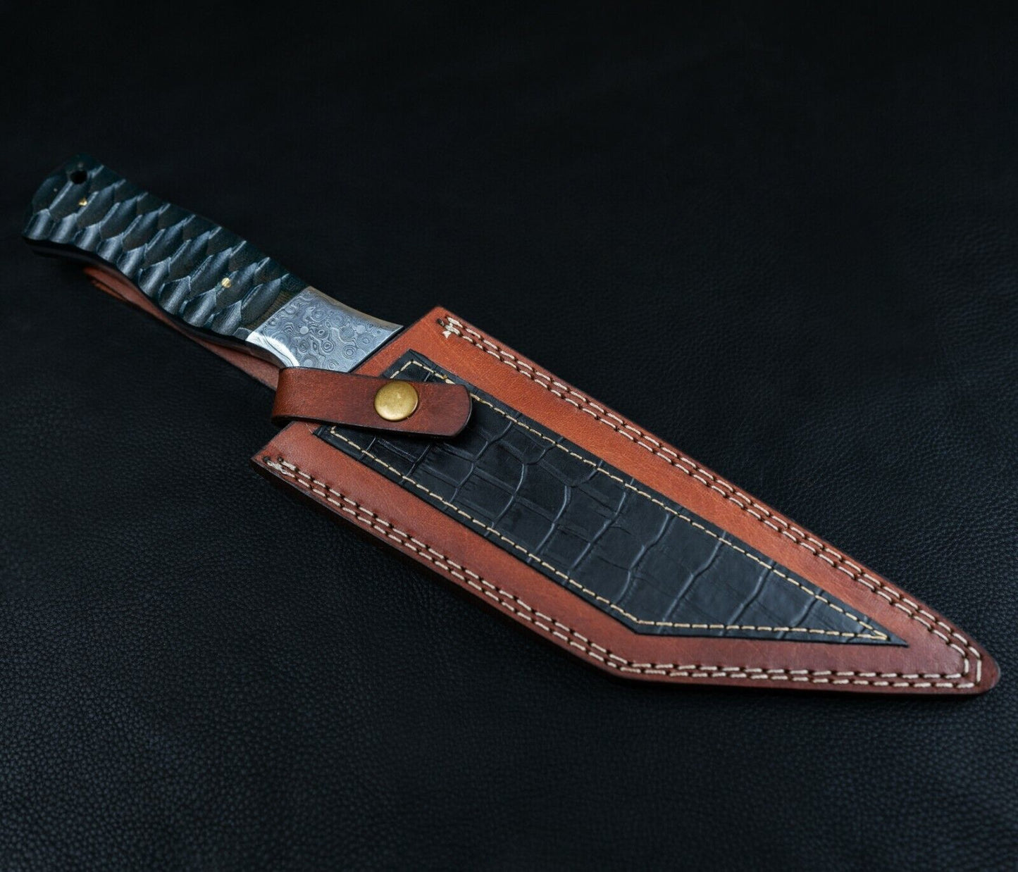 Damascus Steel Tracker Bowie Knife – 10” Handmade Fixed Blade with Black Bone Handle