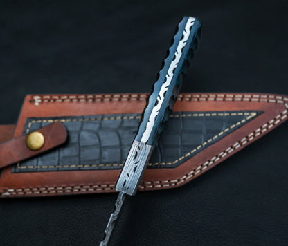 Damascus Steel Tracker Bowie Knife – 10” Handmade Fixed Blade with Black Bone Handle