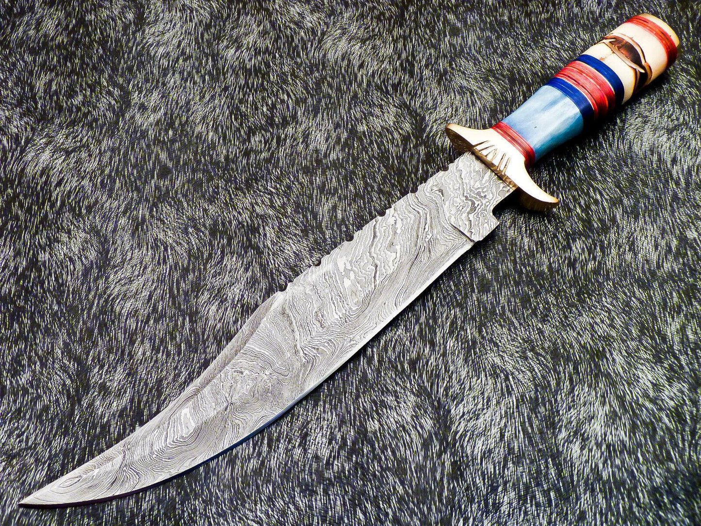 15" Hand-Forged Damascus Bowie Knife | Engraved Bone & Wood Handle with Leather Sheath