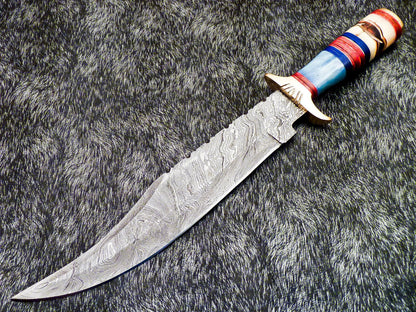 15" Hand-Forged Damascus Bowie Knife | Engraved Bone & Wood Handle with Leather Sheath