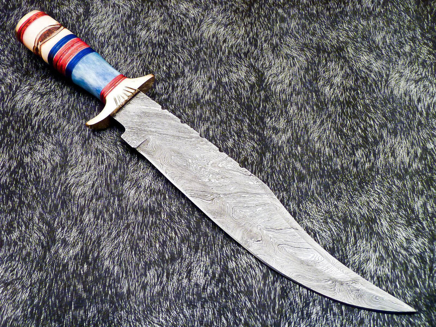 15" Hand-Forged Damascus Bowie Knife | Engraved Bone & Wood Handle with Leather Sheath