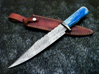 Hand Forged Damascus Bowie Hunting Knife | Stained Bone Handle & Leather Sheath