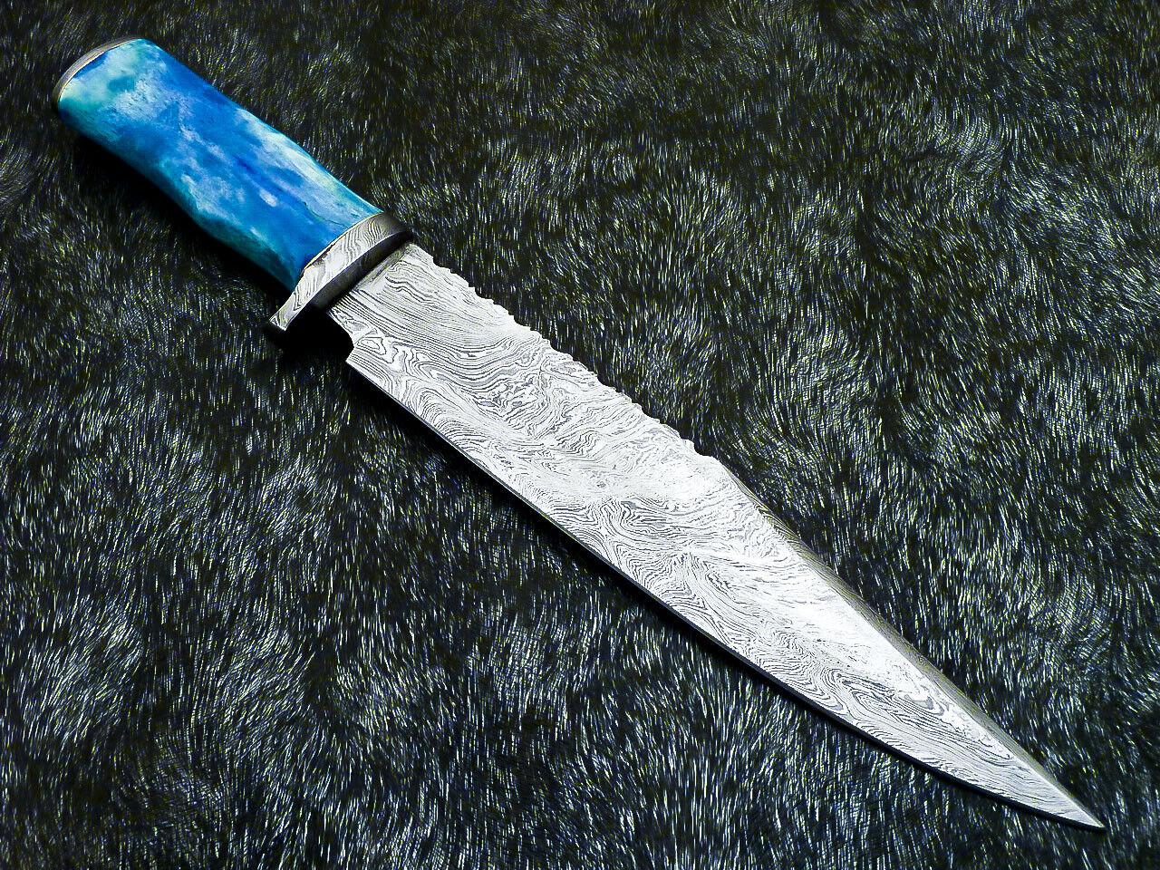 Hand Forged Damascus Bowie Hunting Knife | Stained Bone Handle & Leather Sheath