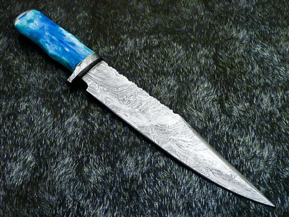 Hand Forged Damascus Bowie Hunting Knife | Stained Bone Handle & Leather Sheath