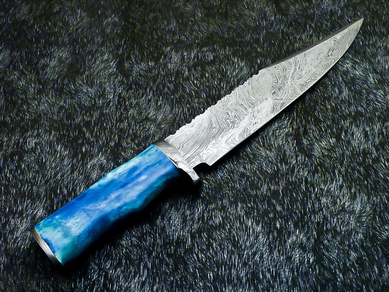 Hand Forged Damascus Bowie Hunting Knife | Stained Bone Handle & Leather Sheath