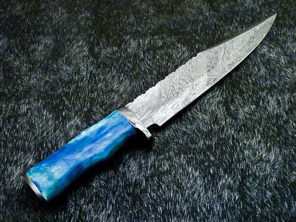 Hand Forged Damascus Bowie Hunting Knife | Stained Bone Handle & Leather Sheath