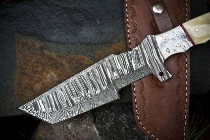 Hand Forged Damascus Tracker Knife | Twist Pattern Bone Handle with Micarta Bolster