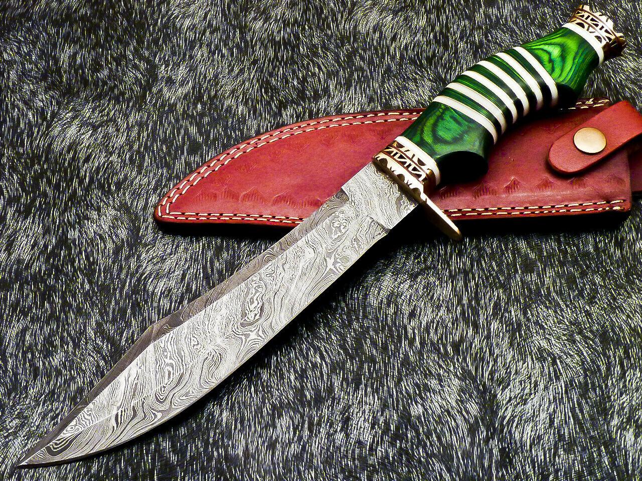13" Damascus Bowie Knife – Hardwood Handle with Leather Sheath