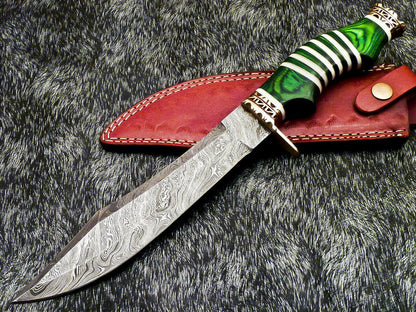 13" Damascus Bowie Knife – Hardwood Handle with Leather Sheath