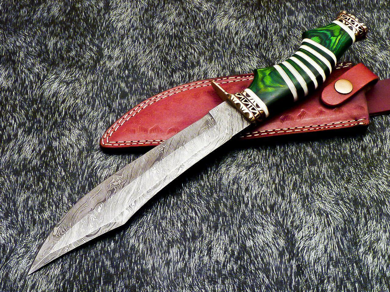 13" Damascus Bowie Knife – Hardwood Handle with Leather Sheath