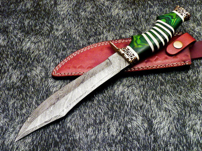 13" Damascus Bowie Knife – Hardwood Handle with Leather Sheath