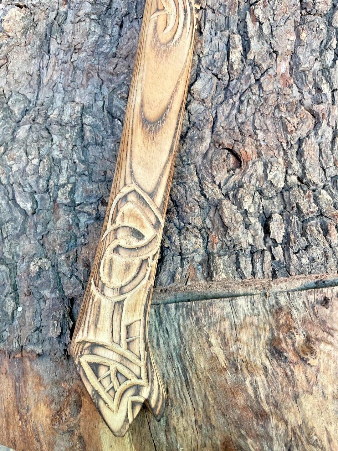 Hand Forged Carbon Steel Viking Bushcraft Axe with Wooden Handle and Leather Sheath