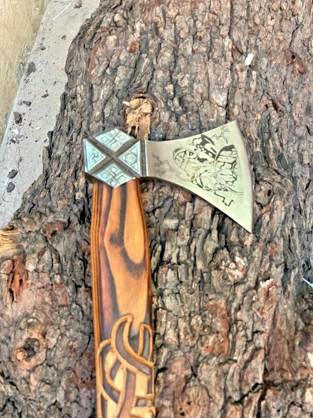 Hand Forged Carbon Steel Viking Bushcraft Axe with Wooden Handle and Leather Sheath