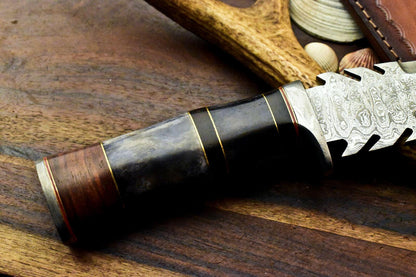 13" Handmade Damascus Bowie Knife – Stained Camel Bone Handle with Leather Sheath