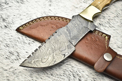 Rare Handmade Damascus Camping Tracker Knife | Full Tang with Leather Sheath