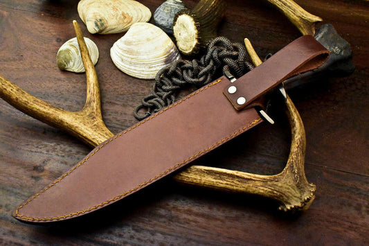 15.5" Damascus Steel Bowie Knife – Laser Etched Blade with Stained Camel Bone Handle