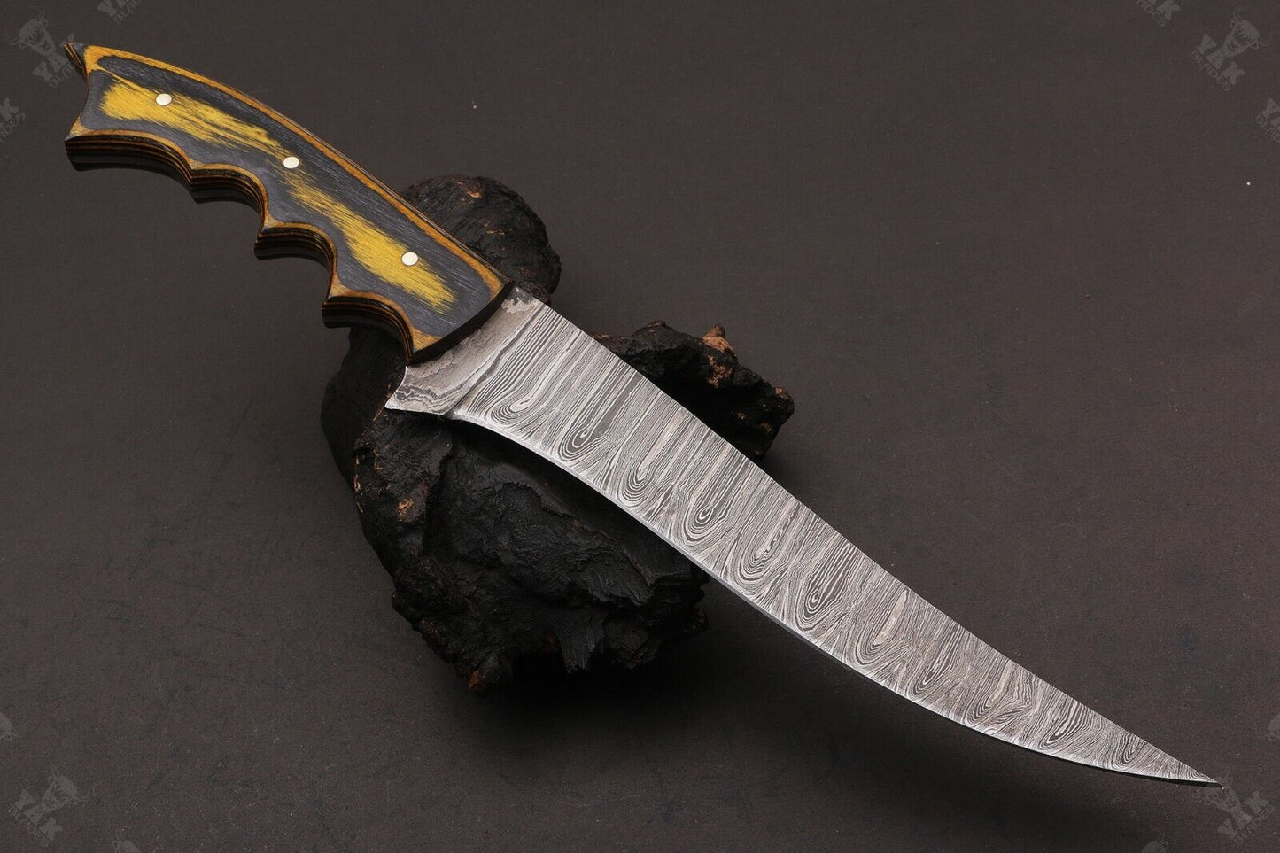 12" Hand forged Fire Damascus Steel Fillet Kitchen Knife Damascus Fillet Knife With Leather Sheath
