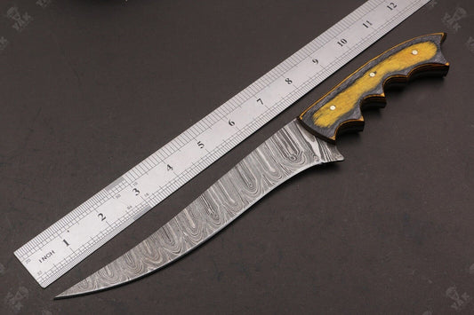 12" Hand forged Fire Damascus Steel Fillet Kitchen Knife Damascus Fillet Knife With Leather Sheath