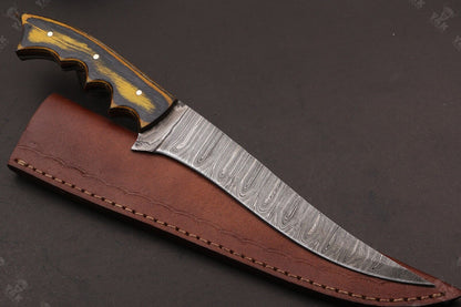 12" Hand forged Fire Damascus Steel Fillet Kitchen Knife Damascus Fillet Knife With Leather Sheath