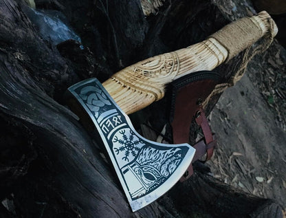 Custom Hand Forged Carbon Steel Viking Axe with Ash Wood Shaft – Premium Gift