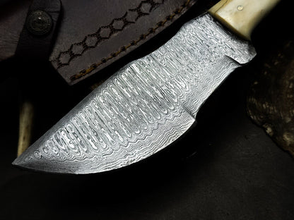 Handmade Damascus Steel Hunting Survival Tracker Knife – Bone Handle with Leather Sheath