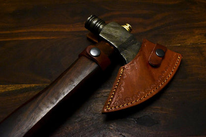 Handmade Damascus Axe Tomahawk with Walnut Wood Handle & Leather Sheath | Custom Damascus Steel Axe Knife