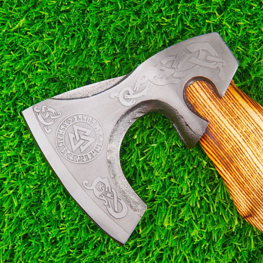 Damascus Steel Hand Forged Odin’s Viking Axe Bearded Battle Axe for Camping with Leather Sheath
