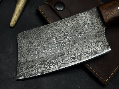 Damascus Steel Kitchen Chef Cleaver Knife – Resin Handle with Cowhide Sheath
