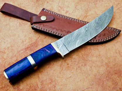 Heritage Forge 12" Damascus Steel Hunting Knife with Hardwood Handle and Leather Sheath