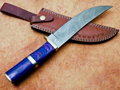 Heritage Forge 12" Damascus Steel Hunting Knife with Hardwood Handle and Leather Sheath