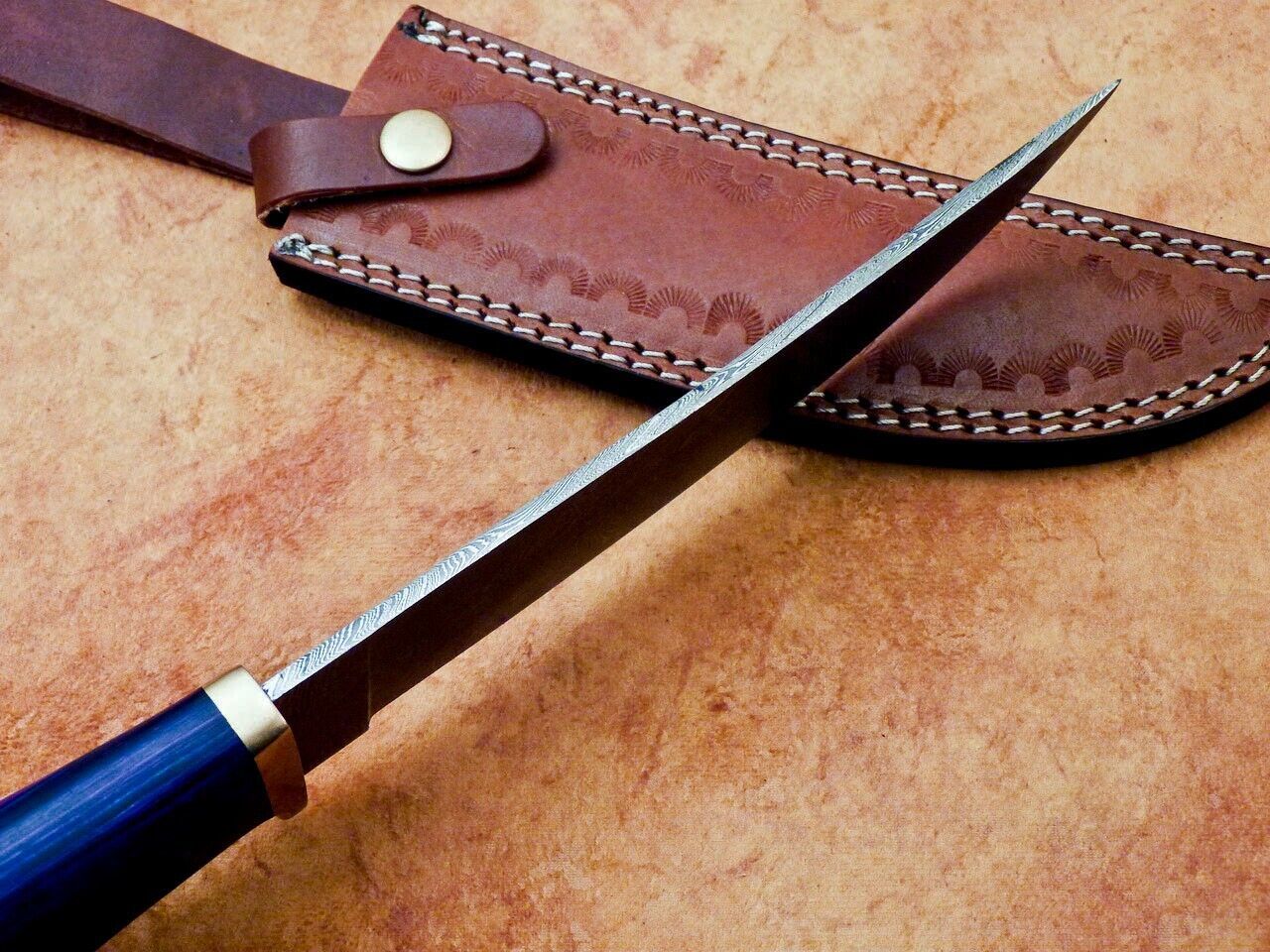 Heritage Forge 12" Damascus Steel Hunting Knife with Hardwood Handle and Leather Sheath